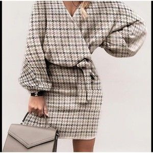 Acalies Women's M Wrap Dress Houndstooth V-Neck Short Bell Sleeve Belted